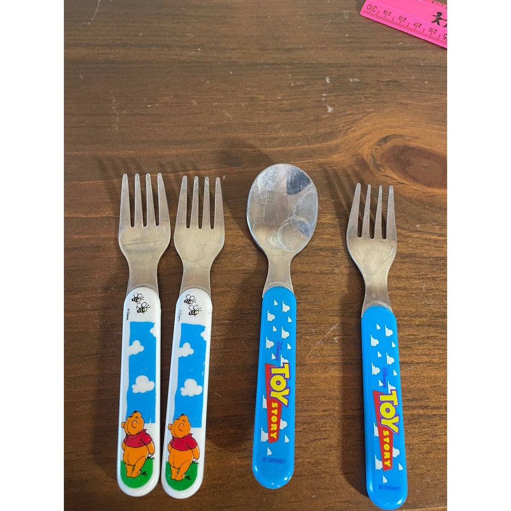 Disney Winnie the Pooh and Toy Story Toddler Utensil Set 3 Forks 1 Spoon Blue